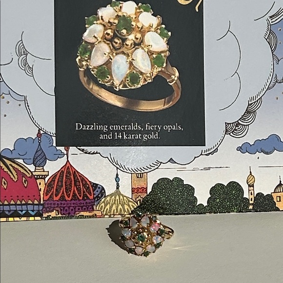 14K Yellow Gold “FM” Natural Fiery Opals & Green Emeralds Ring - Picture 5 of 9